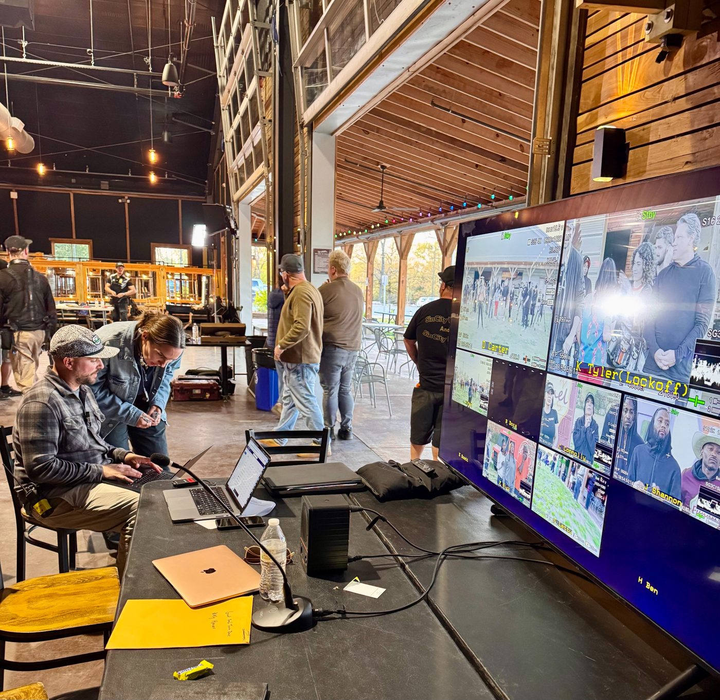 Production control and video monitors on set